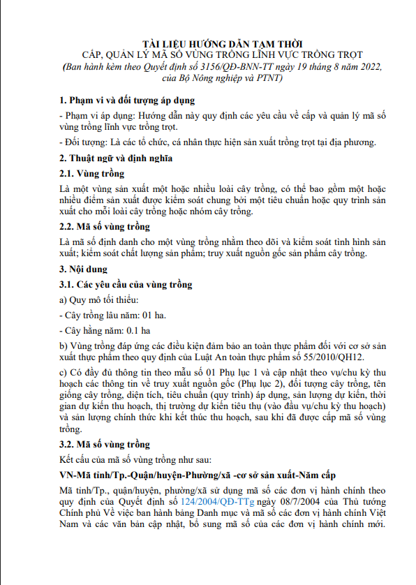 Tài liệu HDSD tạm thời cấp, quản lý mã số vùng trồng